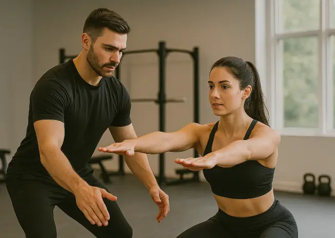 Coach sportif parant une femme qui effectue un squat, correction de posture et sécurité, séance de renforcement dans une salle lumineuse