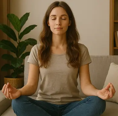 Jeune femme en tailleur, yeux fermés, méditant dans un salon minimaliste et lumineux au décor apaisant