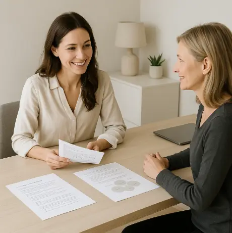 Consultante et cliente en rendez-vous de bilan bien-être, assises à un bureau avec documents, intérieur clair et apaisant