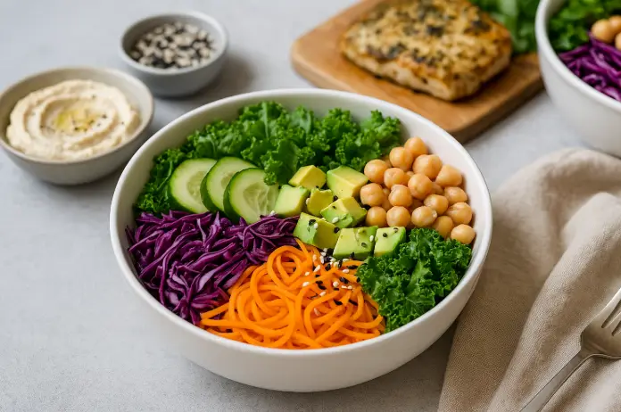 Grand bol repas végétal avec chou rouge, carotte en spirales, avocat, concombre, pois chiches et kale sur fond clair
