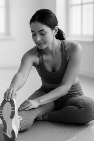 Femme assise en étirement, penchée vers l’avant et tenant son pied, dans un studio lumineux — image en noir et blanc