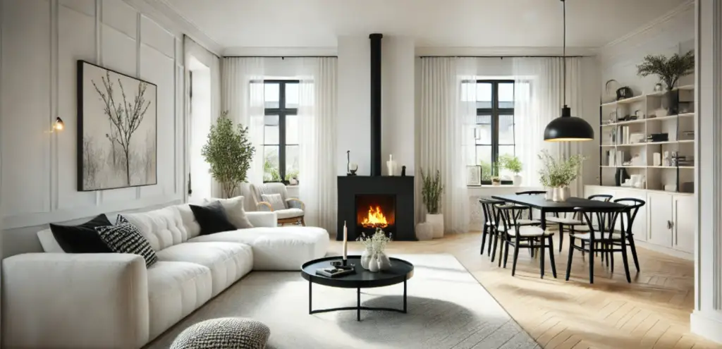 Salon-salle à manger lumineux en noir et blanc avec cheminée noire au fond, style minimaliste, agencement d’espace optimisé