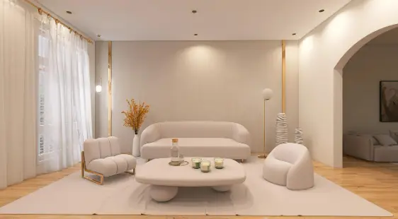 Salon optimisé et épuré : canapé et fauteuil arrondis, table basse basse, circulation fluide, grands voilages, ouverture cintrée et parquet clair