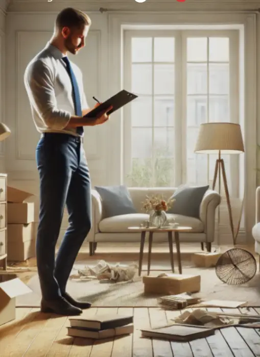 Consultant en home staging debout avec clipboard dans un salon lumineux, cartons au sol, mobilier neutre et épuré en cours de mise en valeur