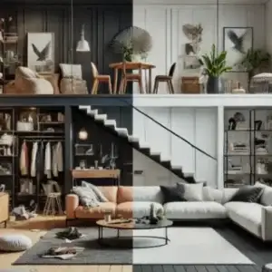 Pièce à vivre en deux moitiés : à gauche sombre et encombrée (objets au sol, étagères chargées), à droite claire et ordonnée avec rangements optimisés