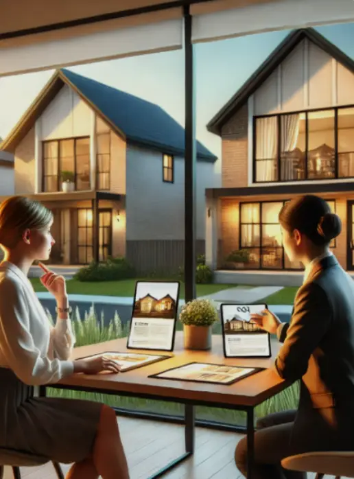 Consultante et cliente examinant des biens immobiliers sur ordinateur, grandes baies vitrées avec maisons modernes en arrière-plan, rendez-vous d’accompagnement à l’achat