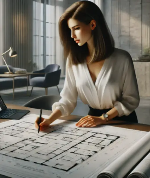 Consultante ajustant un plan architectural sur une grande table dans un bureau lumineux, personnalisation des plans de constructeur