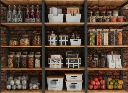 Étagères en brique et bois avec bocaux transparents, paniers et contenants étiquetés, garde-manger parfaitement rangé