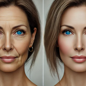 Portrait féminin en avant/après : à gauche traits plus marqués, à droite teint plus lisse et lumineux — illustration non médicale d’un rajeunissement naturel