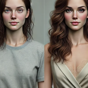 Portrait féminin avant/après relooking : à gauche look naturel en t-shirt gris, à droite coiffure travaillée, maquillage léger et tenue élégante