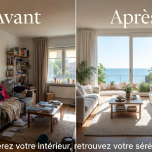 Alt text : Avant/après d'un salon à Brest : à gauche un intérieur chaleureux mais encombré avec du désordre quotidien, à droite le même salon totalement désencombré, épuré et harmonieux après une prestation de désencombrement et aménagement intérieur par une décoratrice professionnelle.